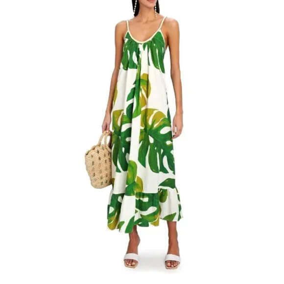 FARM Rio | Dresses | Nwt Farm Rio White Monstera Linen Blend Maxidress Green  White Size Small | Poshmark